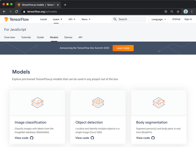 TensorFlow Models From TensorFlow.js Website